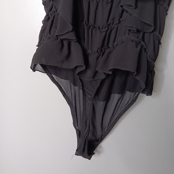 Intimately Free People Juliet Ruffle Bodysuit Women Sz M Black Sheer Square Neck - Picture 12 of 14